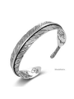 Silver Plated Feather Cuff Bracelet Adjustable Unisex Bangle